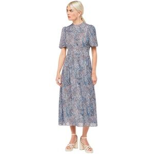 Whistles Blair Puff Sleeve Dress Women's Blue Midi Feminine Open Back Bow